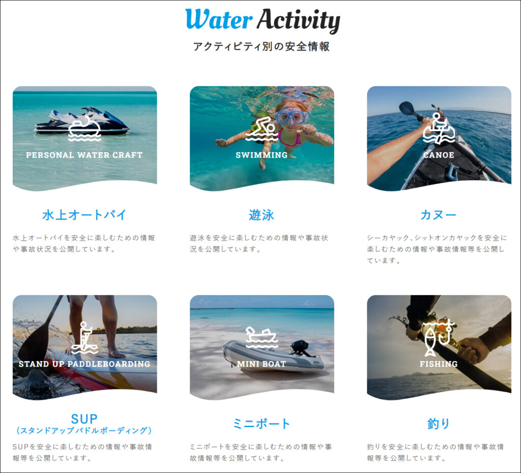 Water Safety guideのアクティビティ別メニュー