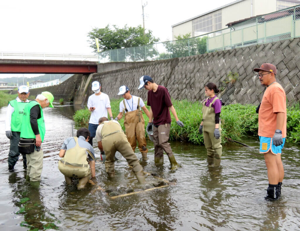 日本釣振興会埼玉県支部のオイカワ産卵床設置の様子
