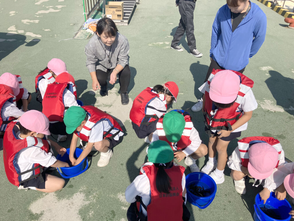 日本釣振興会山口県支部のキジハタ放流で稚魚を観察する園児達
