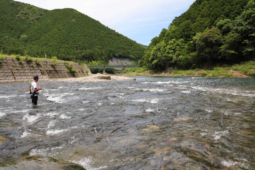 大内山川でアユルアーをするデュオの萩原トオルさん