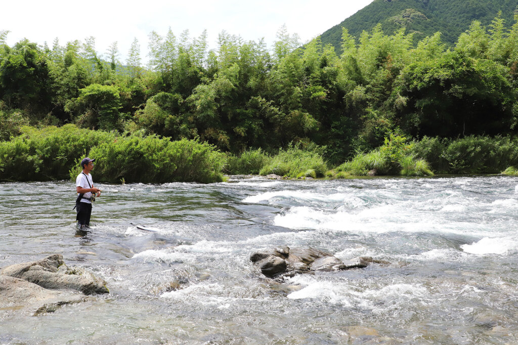 大内山川でアユルアーをするデュオの萩原トオルさん