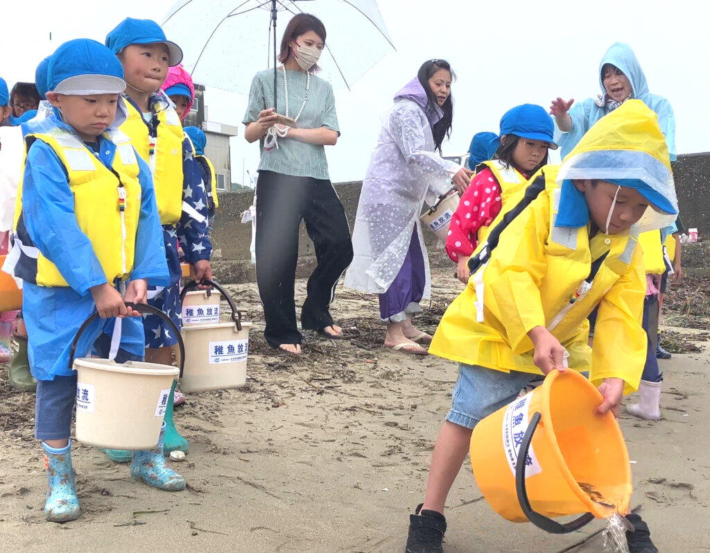 日本釣振興会愛知県支部の伊良湖岬での稚魚放流の様子