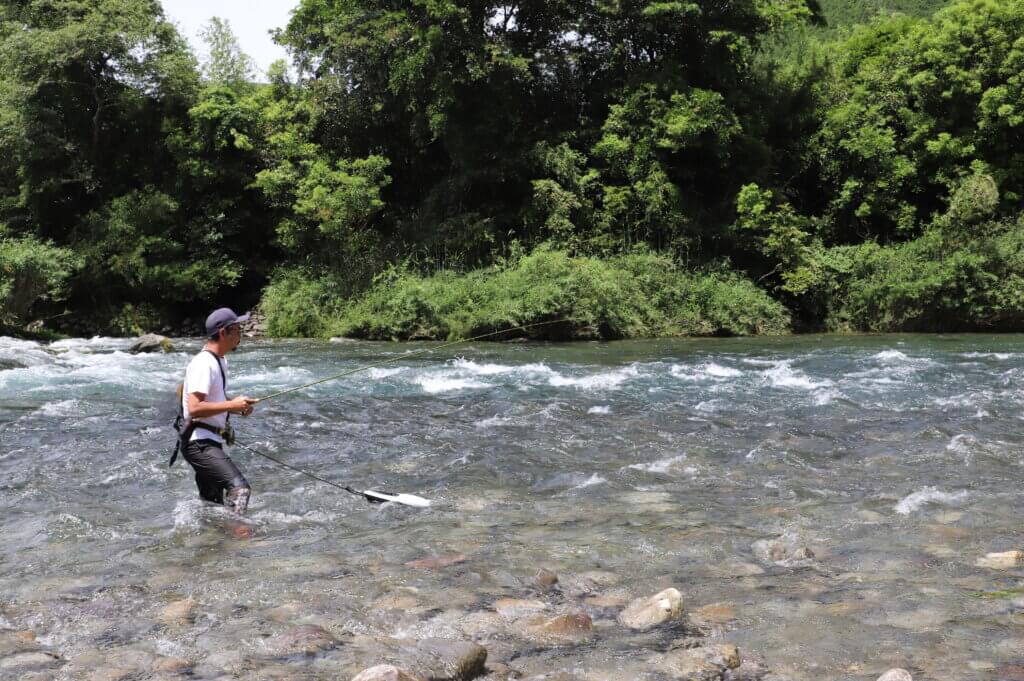 萩原トオルさんが大内山川でアユルアーをしている写真