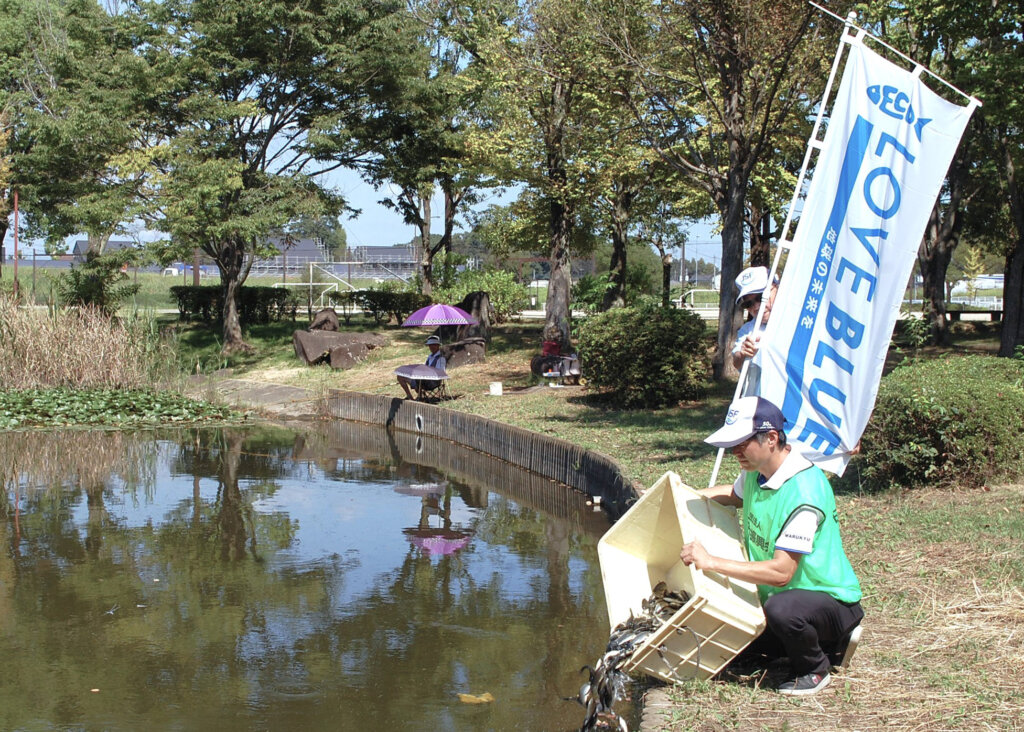 城山公園での放流の様子